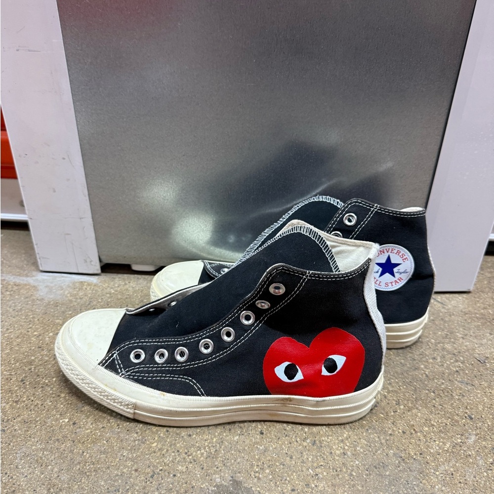 CDG X Converse Black High-Top Sneakers with Red Heart Graphic